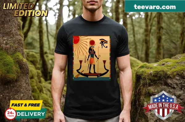 Bold cartoon graphic of Ra, the Egyptian god on a T-shirt.
