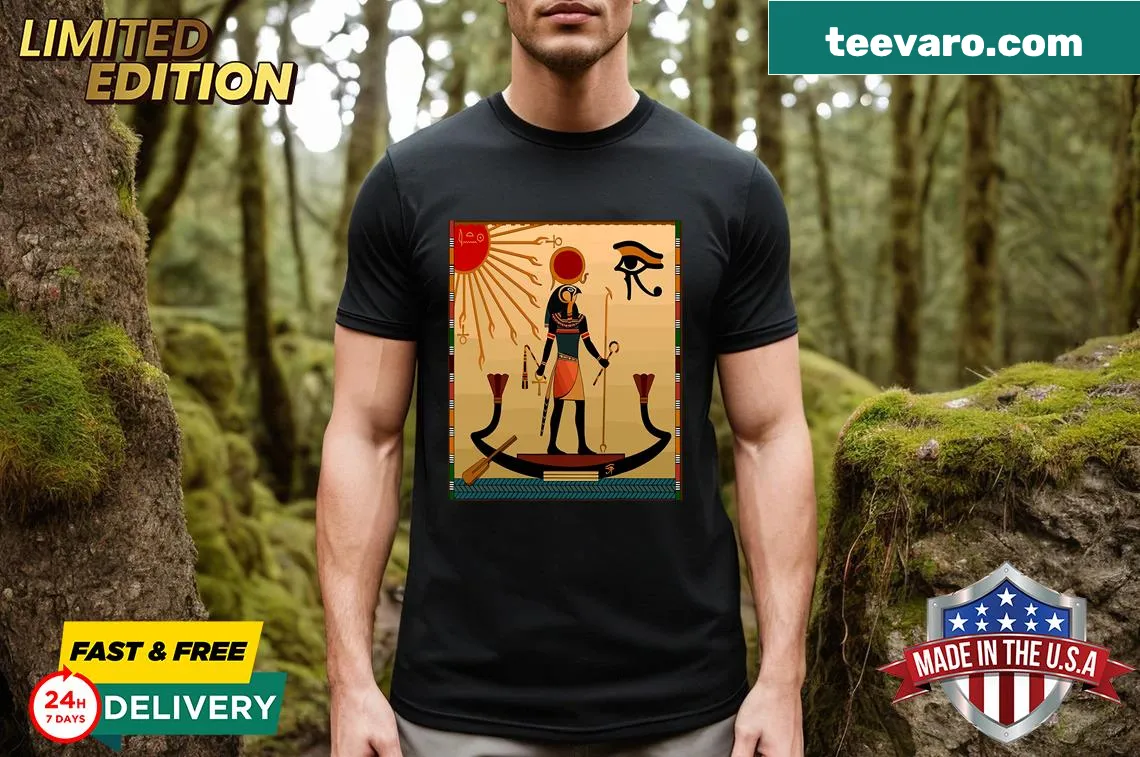 Bold cartoon graphic of Ra, the Egyptian god on a T-shirt. — on a men's t-shirt