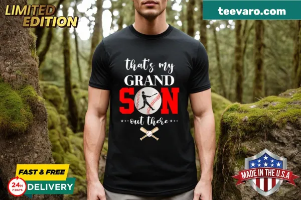 Retro baseball-themed t-shirt with text declaring pride for grandson