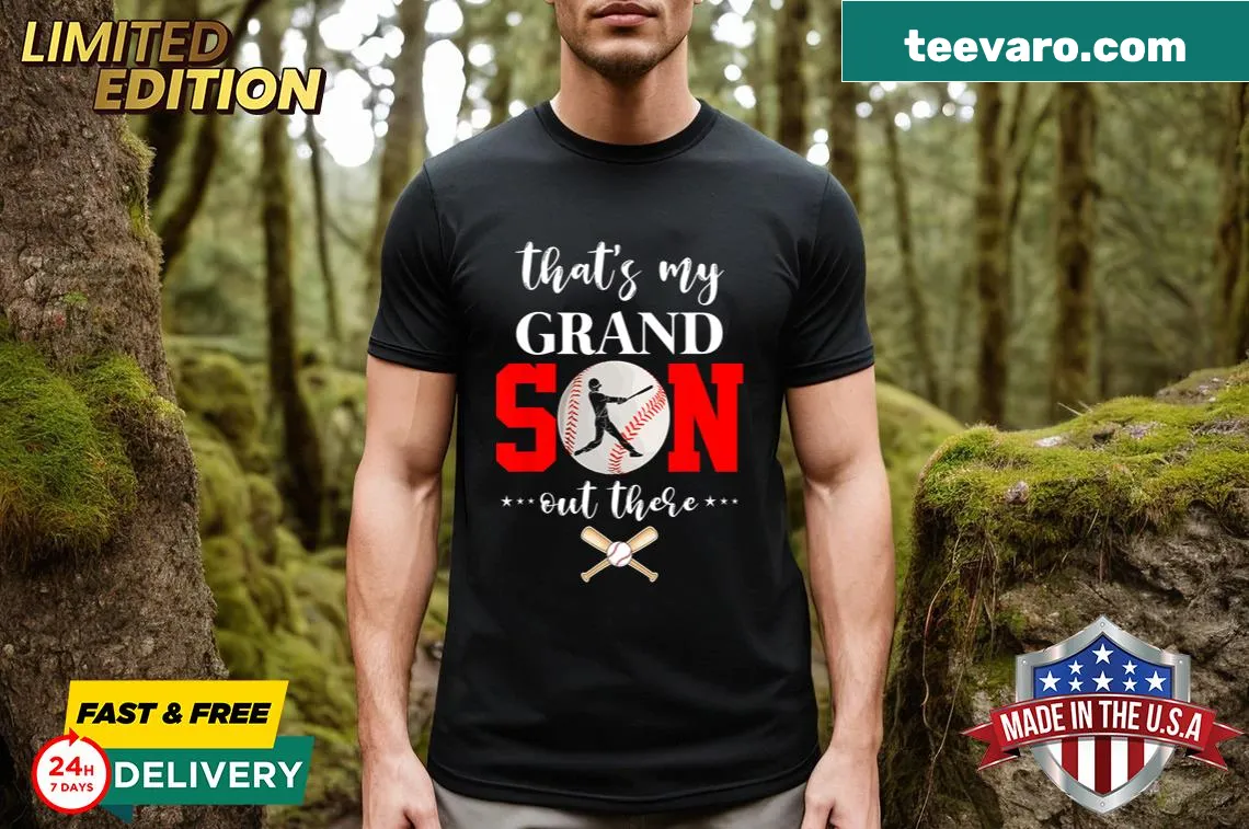 Retro baseball-themed t-shirt with text declaring pride for grandson — on a men's t-shirt