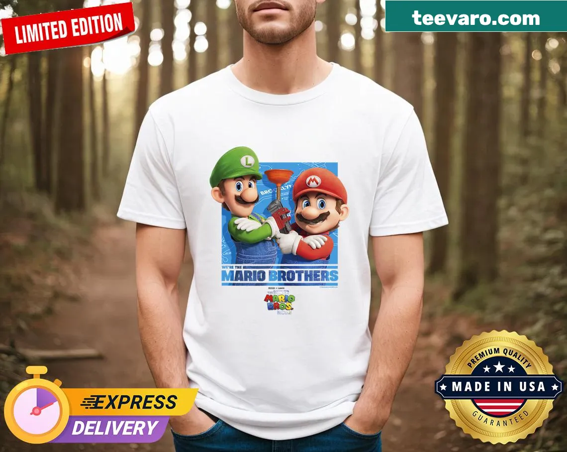 Super Mario Brothers graphic T-shirt with colorful movie poster design. — on a men's t-shirt