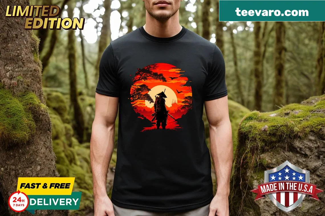 Vintage samurai fighter t-shirt with retro sunset design — on a men's t-shirt