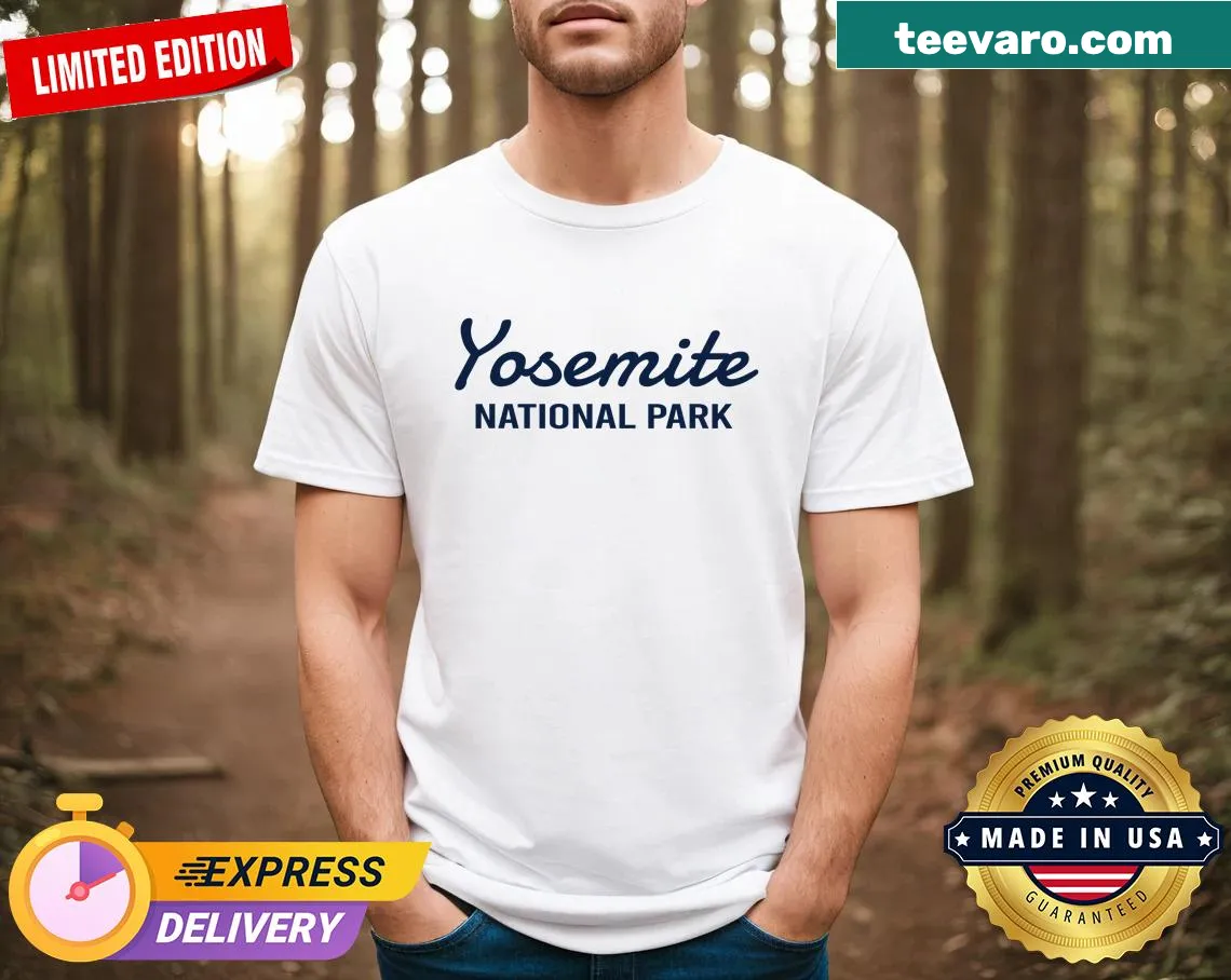 Illustrated Yosemite National Park t-shirt with throwback design — on a men's t-shirt