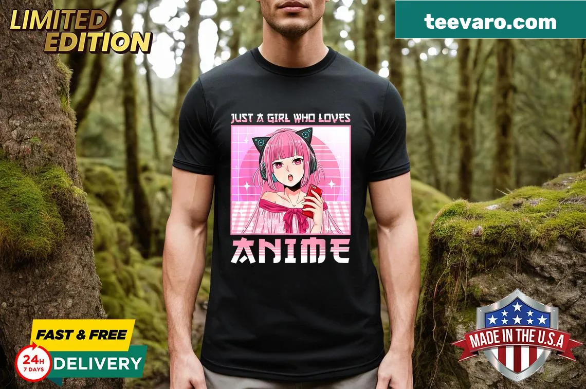 Embroidered t-shirt featuring an anime girl and cute text — on a men's t-shirt