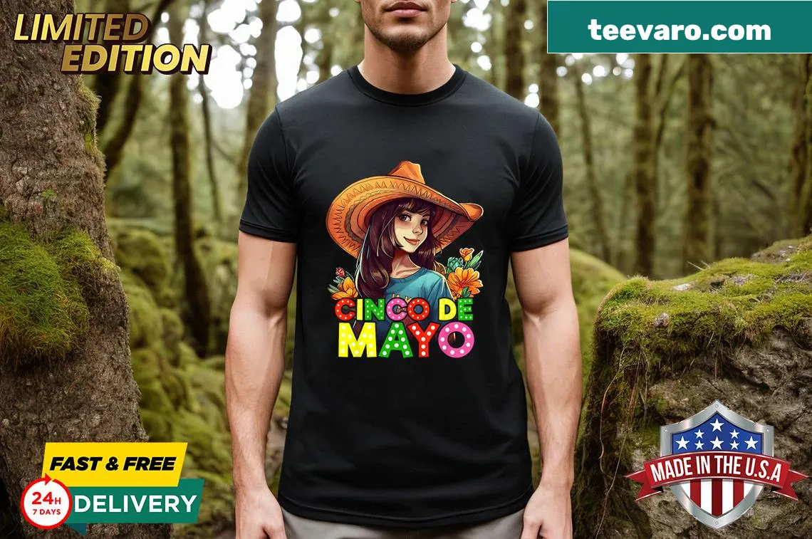 Anime girl in festive attire for Cinco de Mayo on T-shirt. — on a men's t-shirt