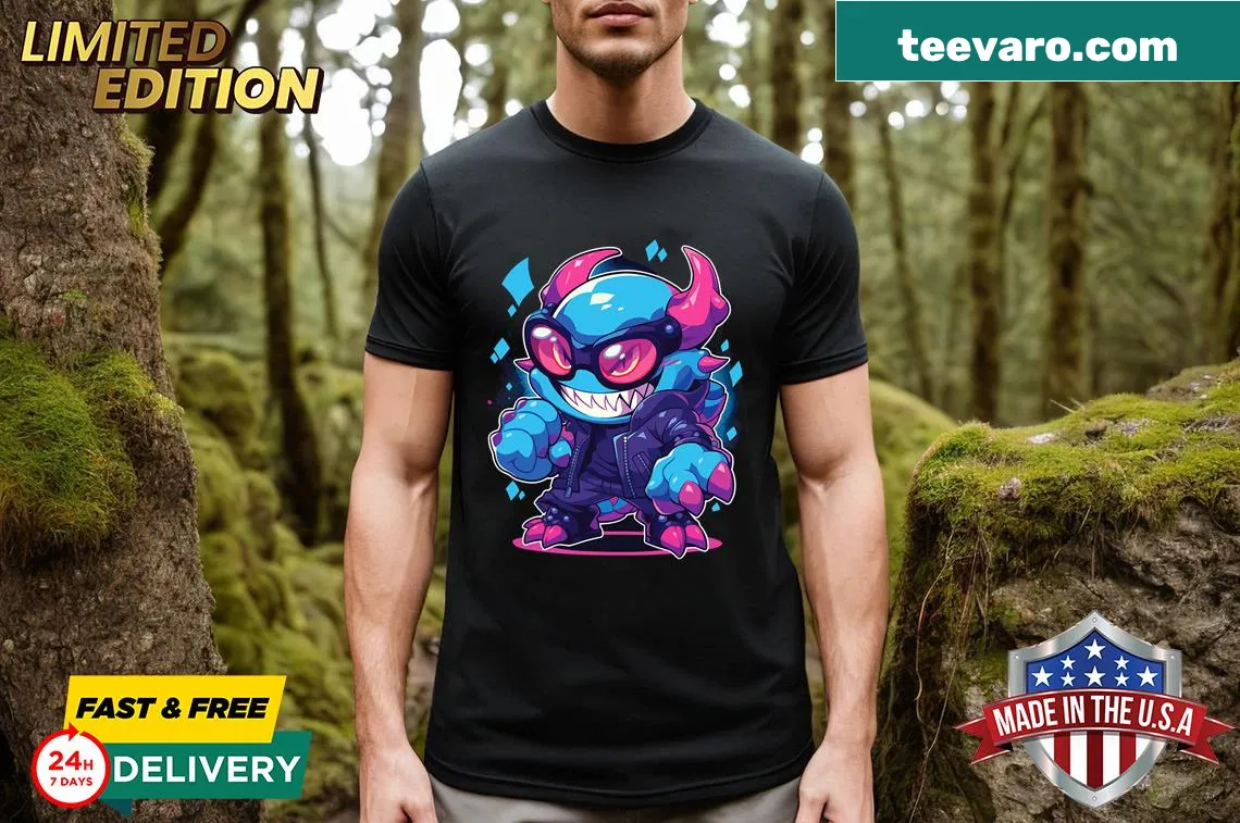 Cute cartoon monster graphic on vintage Halloween t-shirt — on a men's t-shirt