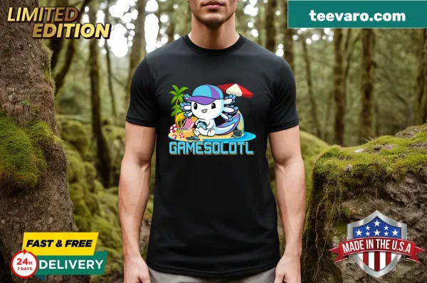 Funny axolotl graphic on a summer vacation gamer t-shirt