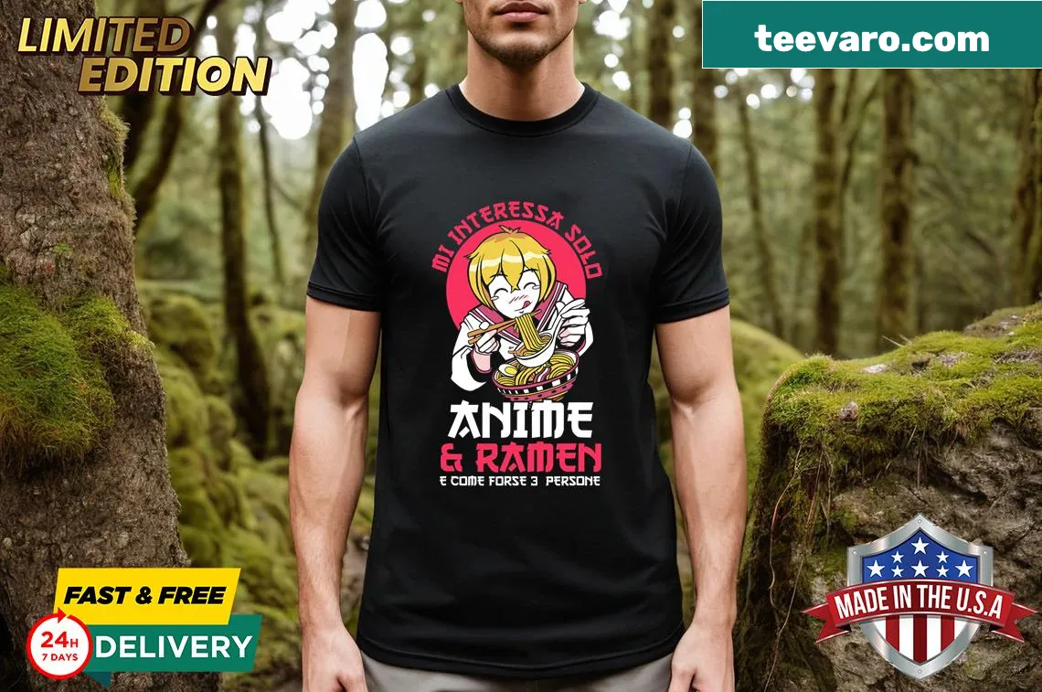 Anime and ramen themed graphic on stylish t-shirt for fans — on a men's t-shirt