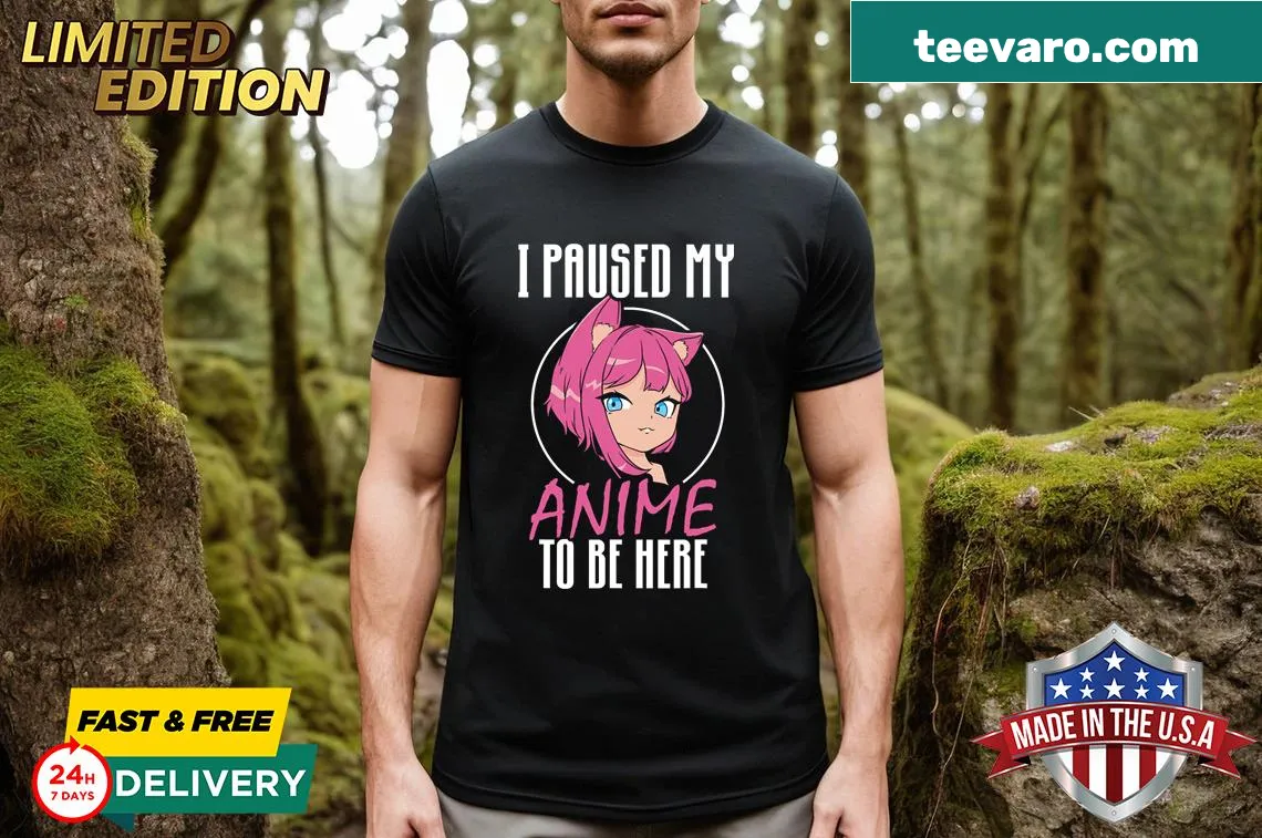 Embroidered saying about pausing anime on a hobby lover t-shirt — on a men's t-shirt