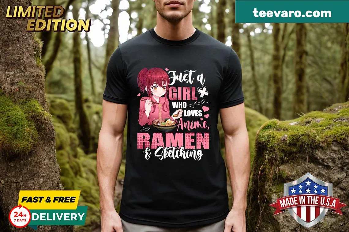 Anime-themed T-shirt featuring ramen and sketching graphics — on a men's t-shirt