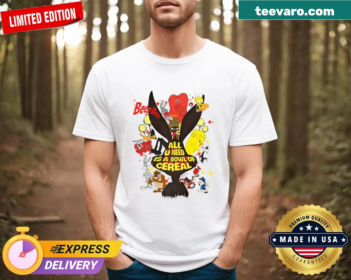 Personalized T-shirt featuring Looney Tunes characters with cereal — on a men's t-shirt