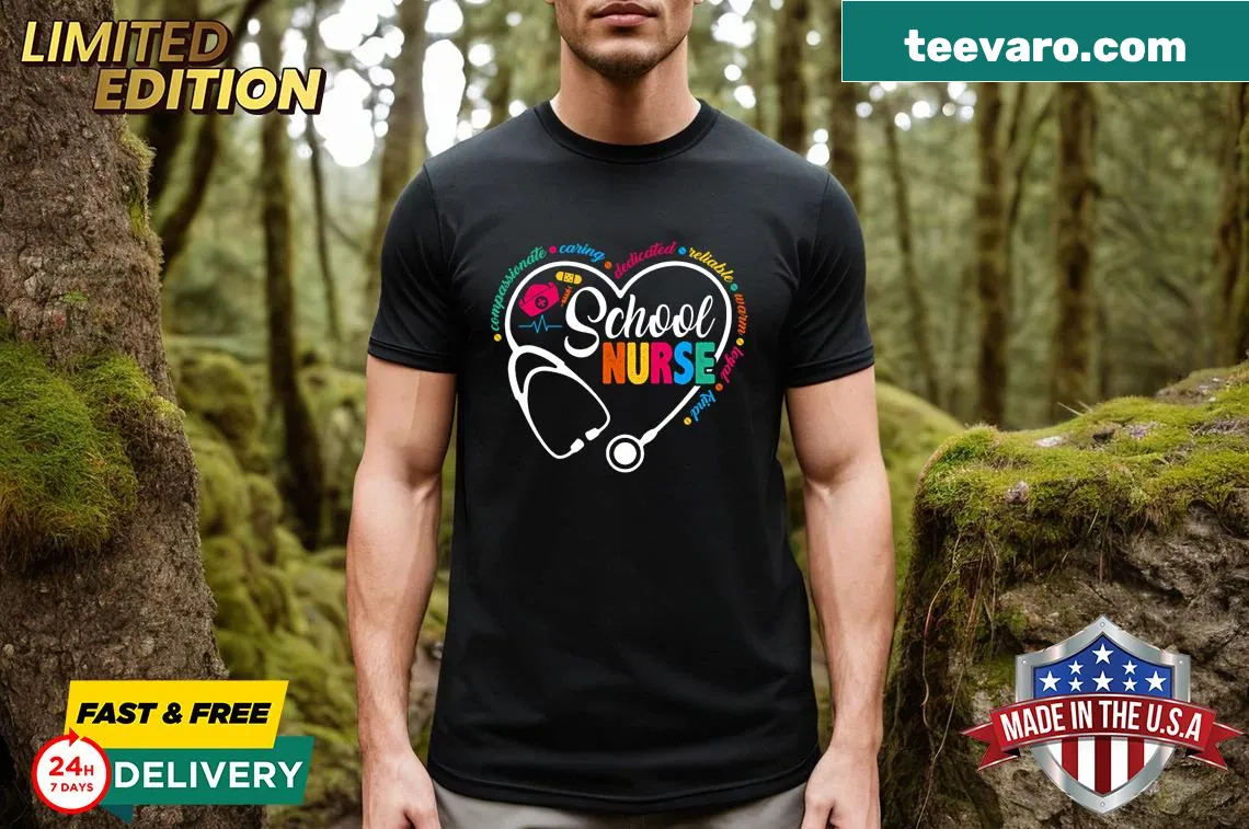 Vintage T-shirt celebrating school nurses with a heart graphic — on a men's t-shirt