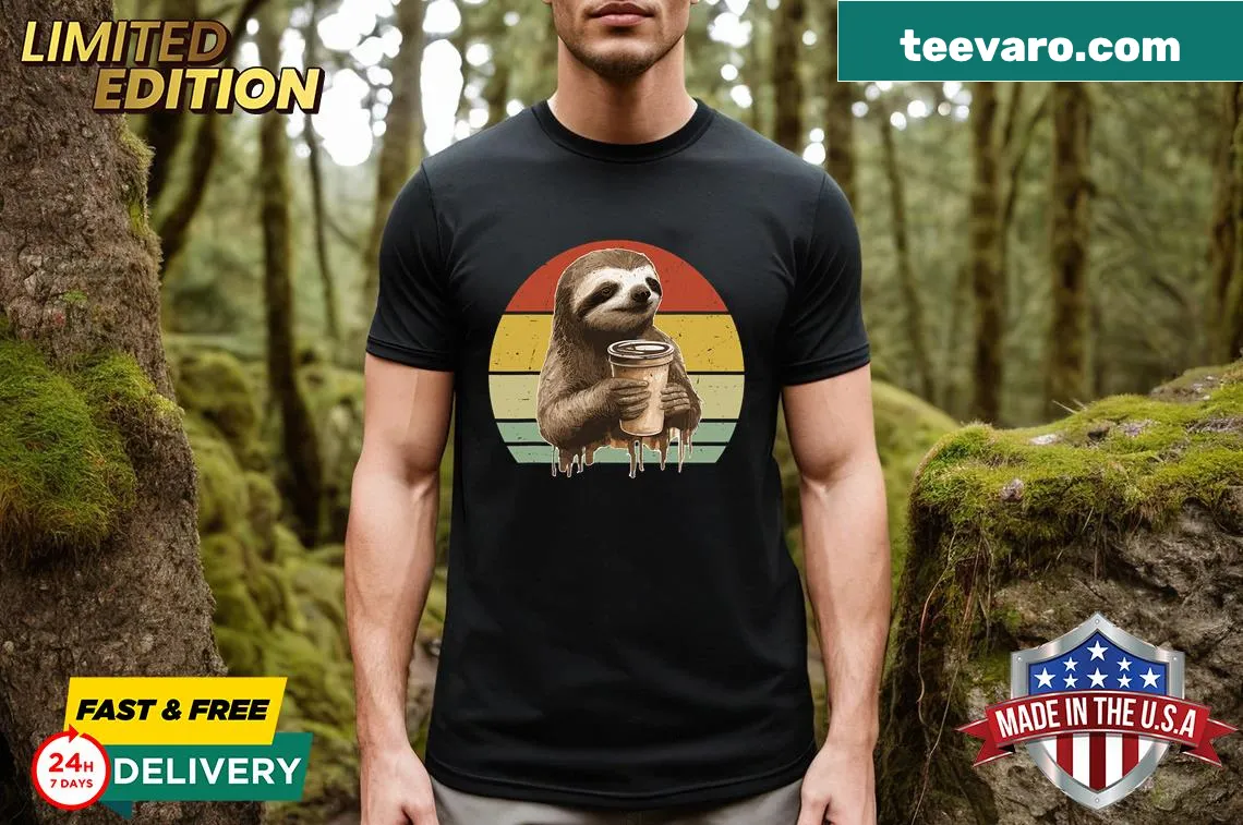 Funny vintage sloth t-shirt with a sloth drinking coffee — on a men's t-shirt