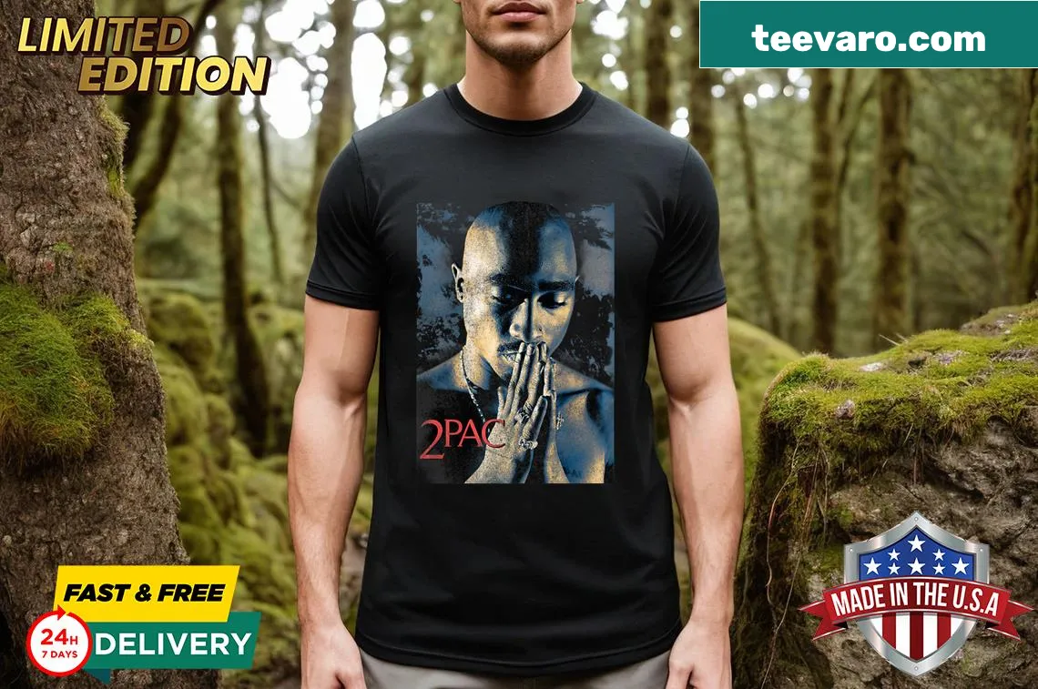 Grunge-style Tupac retro t-shirt featuring a praying graphic. — on a men's t-shirt