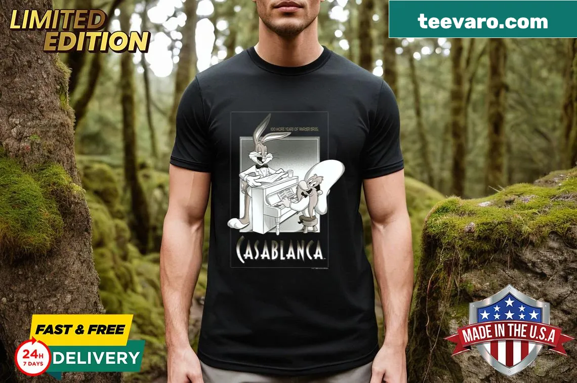 Vintage Looney Tunes Casablanca movie poster t-shirt — on a men's t-shirt