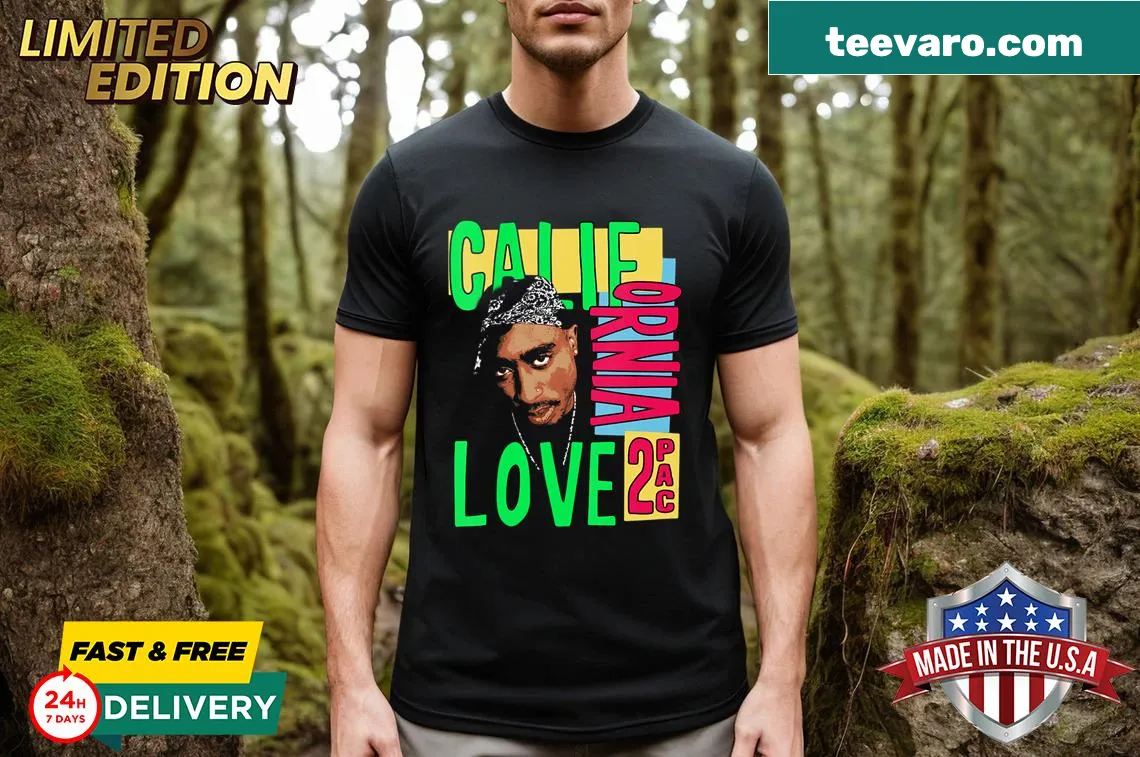 Vintage-style V-neck T-shirt with Tupac California Love design — on a men's t-shirt