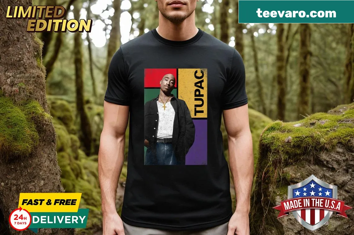 Vintage squared Tupac graphic on women's V-neck T-shirt — on a men's t-shirt