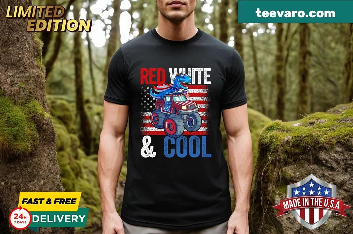 Dinosaur monster truck design with American flag for kids' Fourth of July T-shirt — on a men's t-shirt
