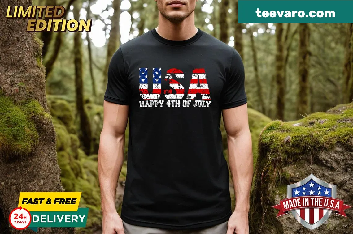 Patriotic T-shirt with American flag and diamond pattern design — on a men's t-shirt
