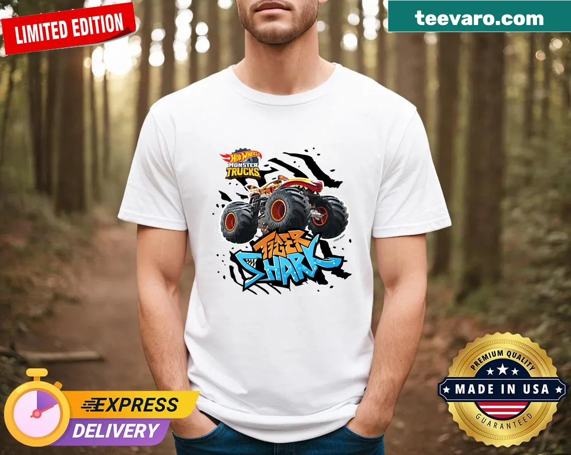 Hot Wheels tiger shark design T-shirt for car enthusiasts — on a men's t-shirt