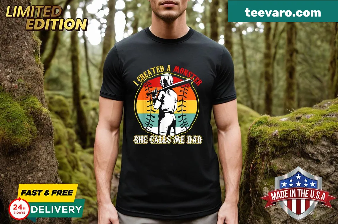 Illustrative dad t-shirt with the phrase 'I Created A Monster' and softball theme — on a men's t-shirt