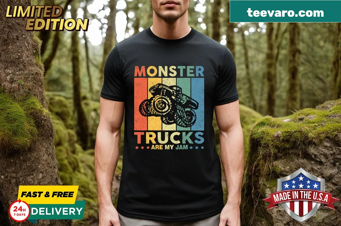 Printed T-shirt featuring a cartoon monster truck design — on a men's t-shirt