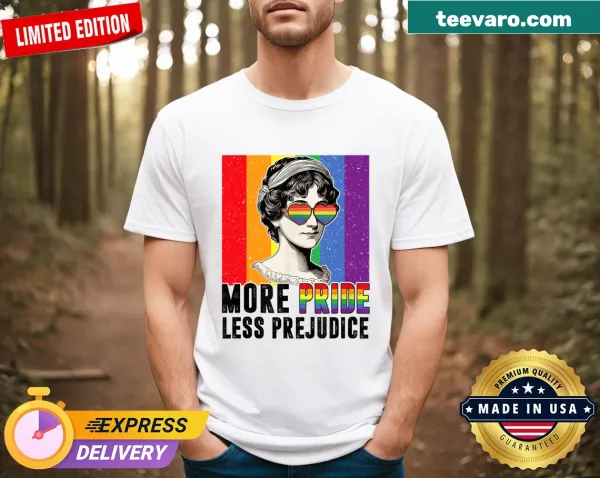 T-shirt with the phrase 'More Pride Less Prejudice' and a diamond graphic.