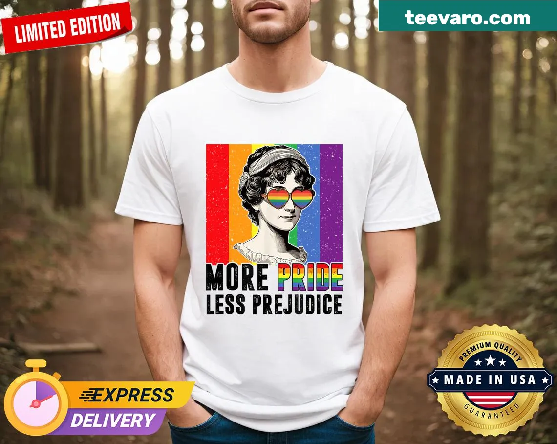 T-shirt with the phrase 'More Pride Less Prejudice' and a diamond graphic. — on a men's t-shirt