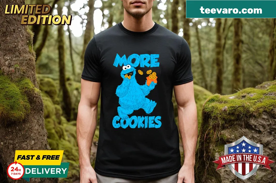 Sesame Street Cookie Monster t-shirt with the phrase More Cookies — on a men's t-shirt