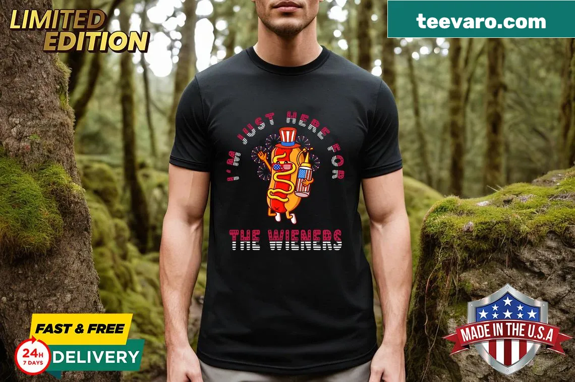 Funny t-shirt with the phrase 'I'm Just Here For The Wieners' and hot dogs — on a men's t-shirt
