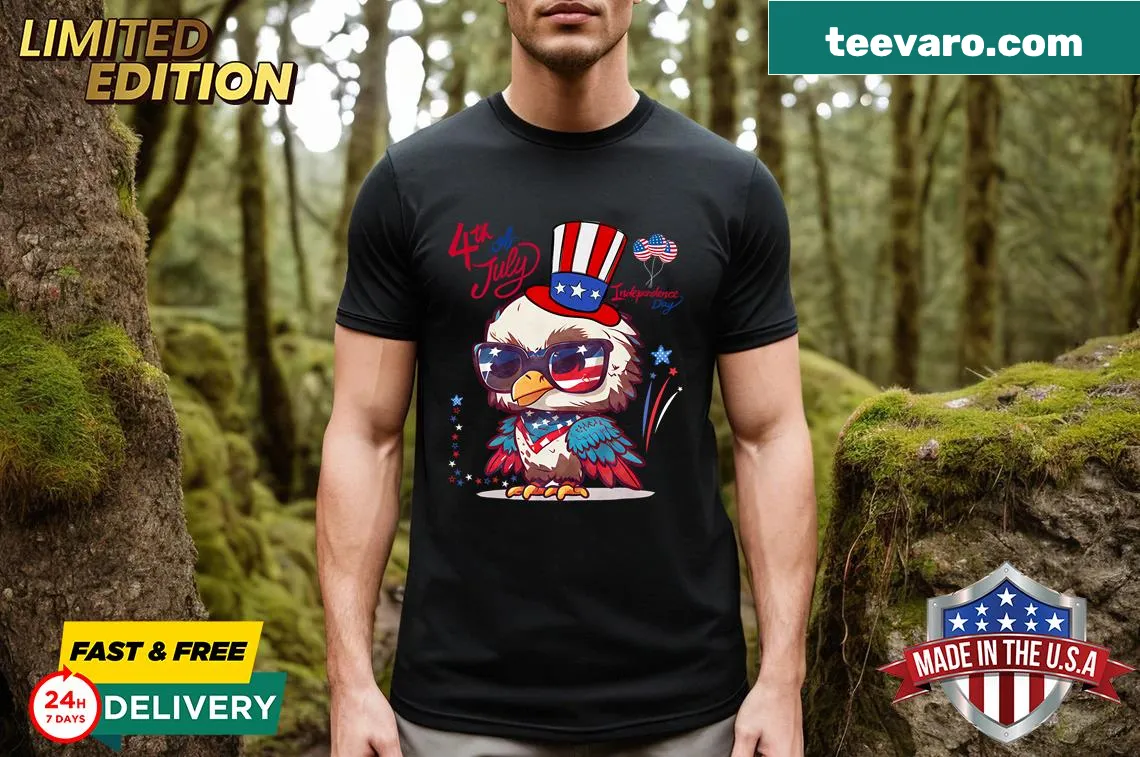 Eagle and fireworks graphic on a 4th of July shirt — on a men's t-shirt