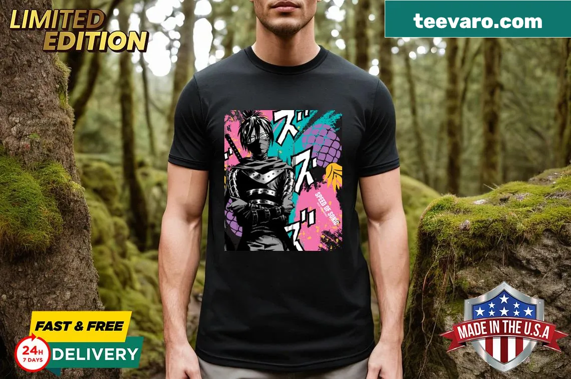 T-shirt featuring a cool, speedy anime character design — on a men's t-shirt