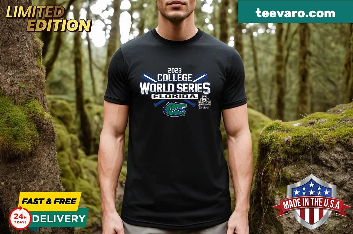 Graphic t-shirt depicting a funny Florida Gators College World Series design. — on a men's t-shirt