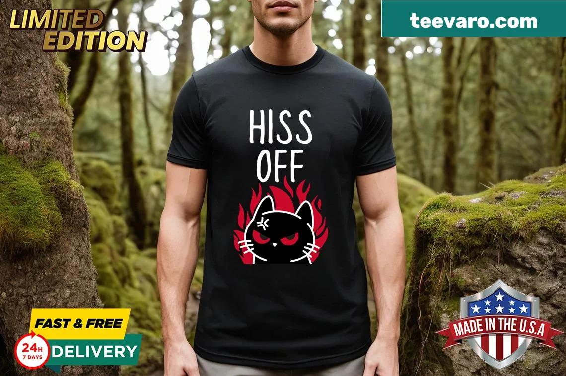 Funny cat graphic t-shirt with the phrase Hiss Off. — on a men's t-shirt