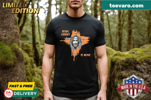 T-shirt featuring diamond graphic and text 'Jesus Christ Is Alive'