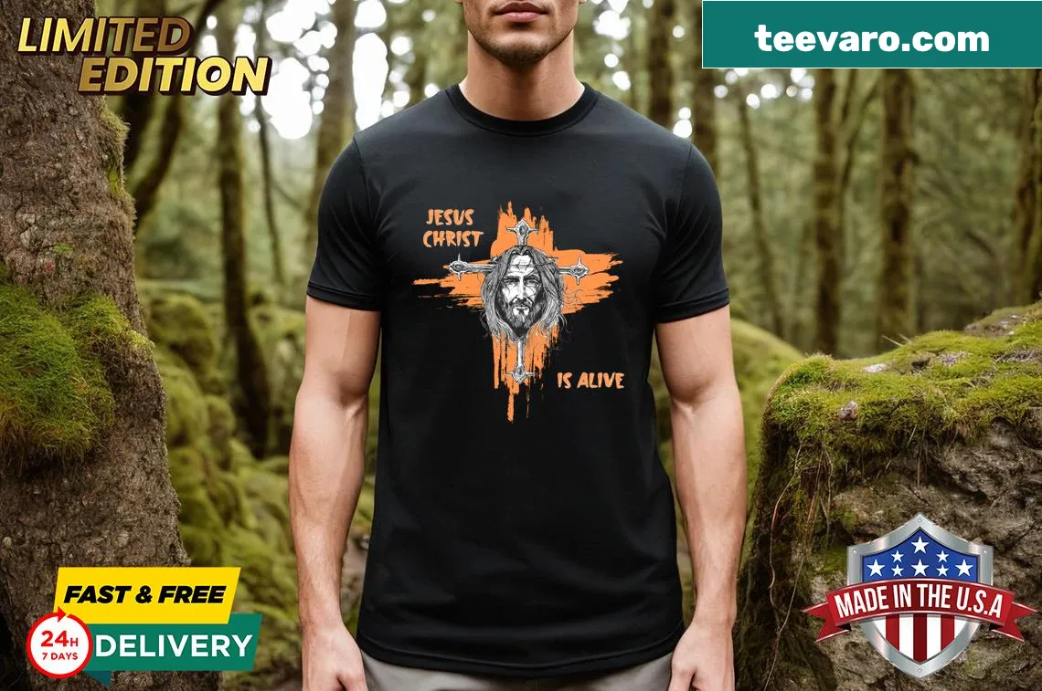T-shirt featuring diamond graphic and text 'Jesus Christ Is Alive' — on a men's t-shirt