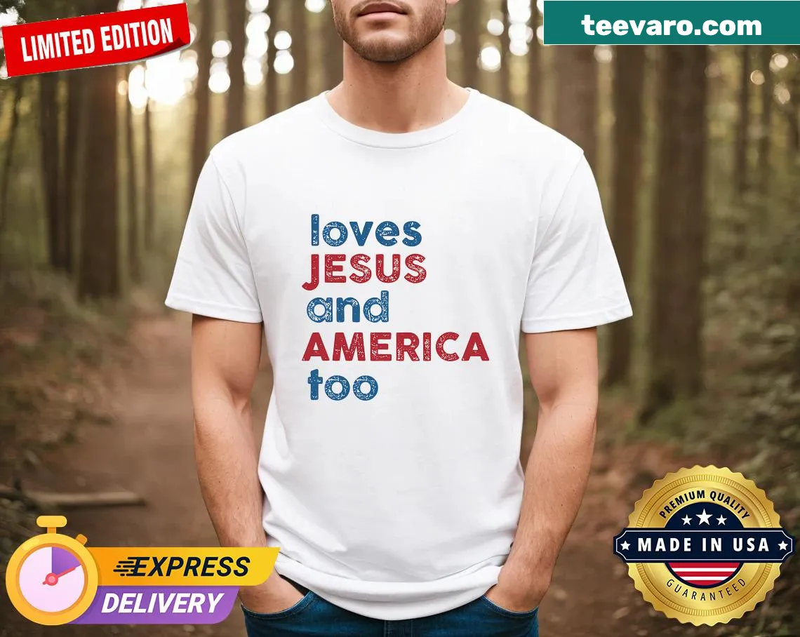 Toddler T-shirt with 'Loves Jesus And America Too' design for Fourth of July — on a men's t-shirt