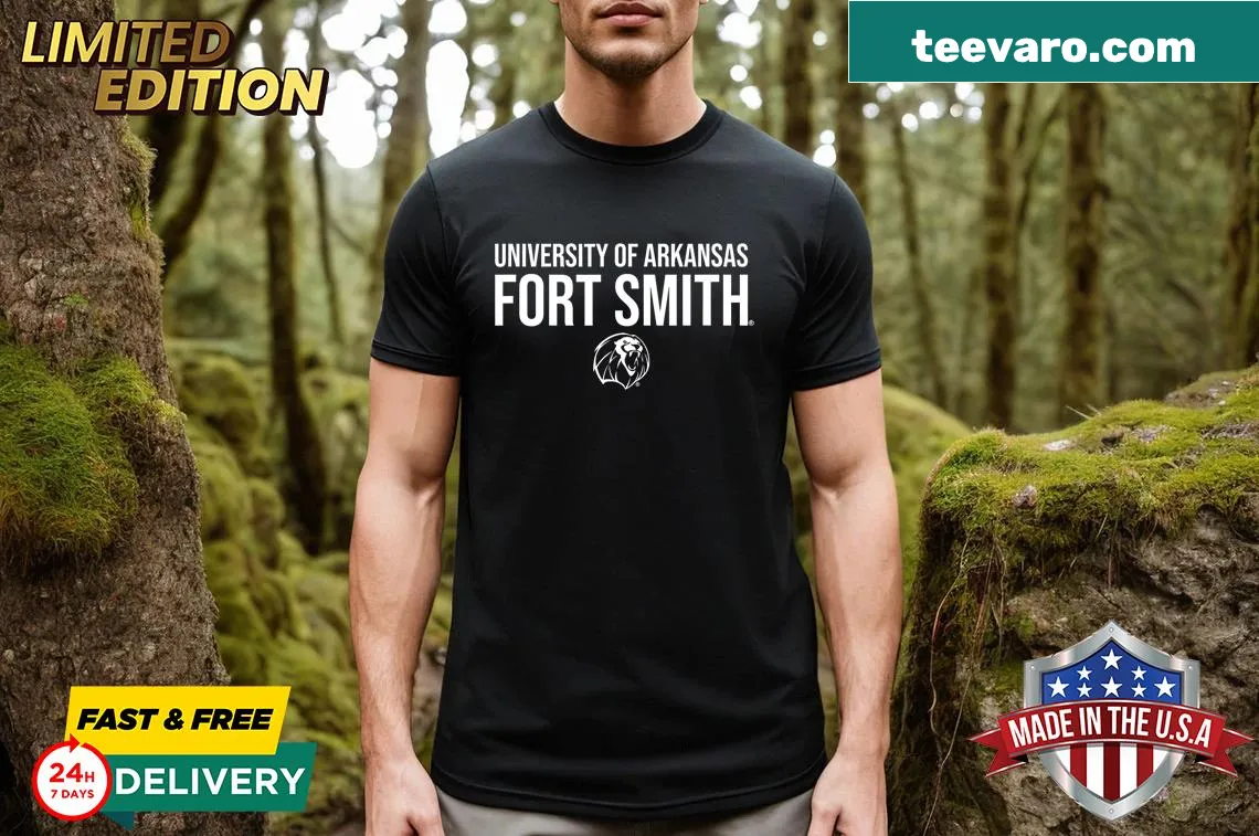 Oversized t-shirt featuring University of Arkansas Fort Smith Lions logo — on a men's t-shirt