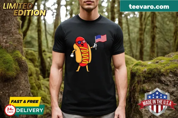 Cartoon hot dog design on a festive 4th of July t-shirt.