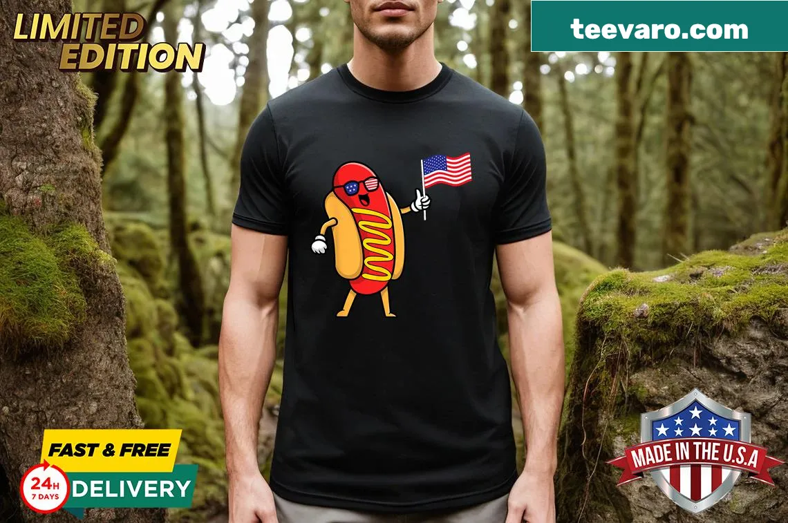 Cartoon hot dog design on a festive 4th of July t-shirt. — on a men's t-shirt