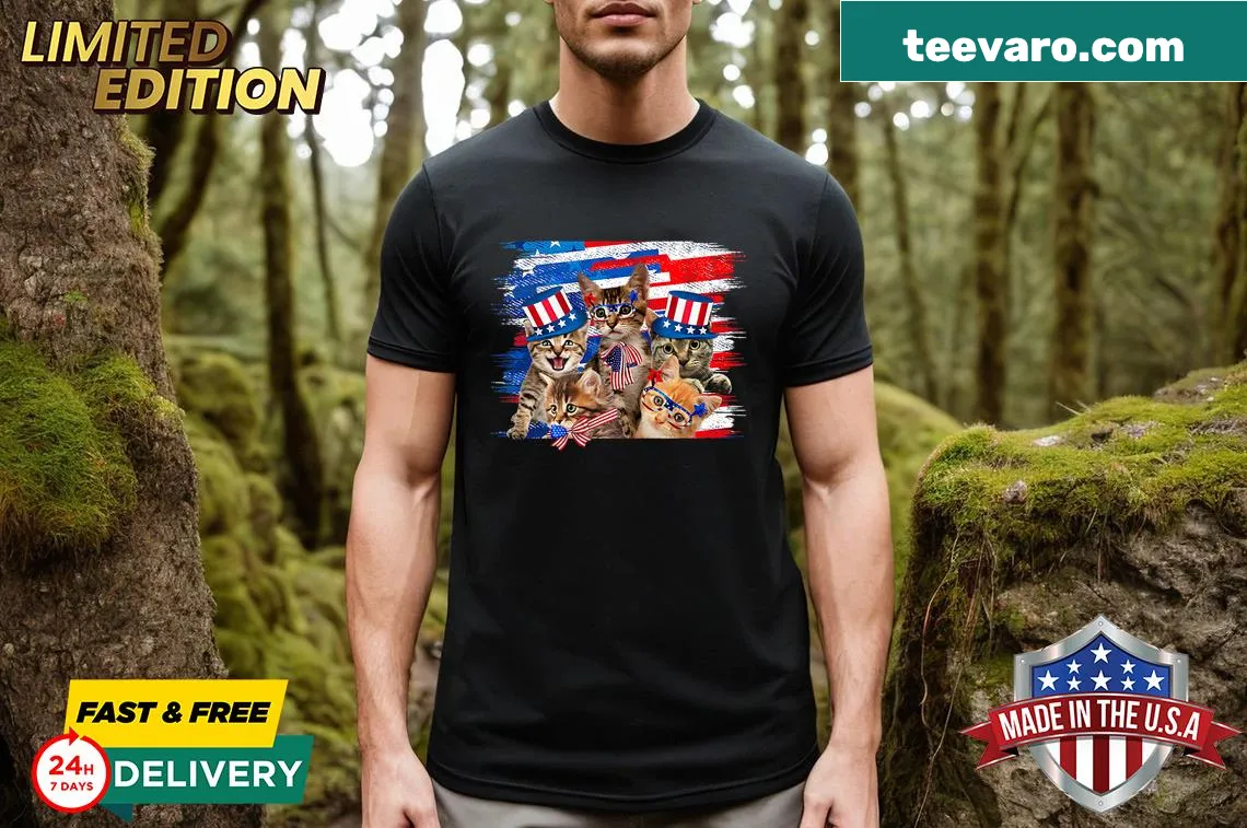 Cute t-shirt featuring a cat and American flag for the 4th of July. — on a men's t-shirt