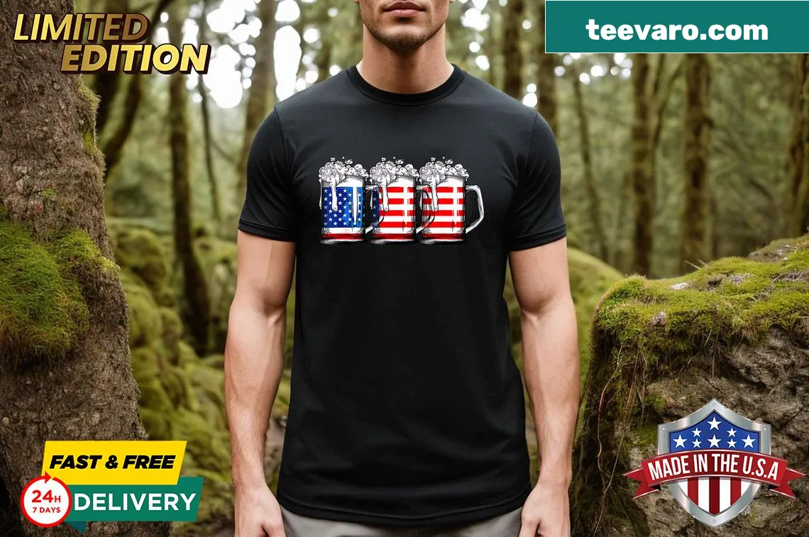 Playful t-shirt featuring beer and American flag for the 4th of July. — on a men's t-shirt