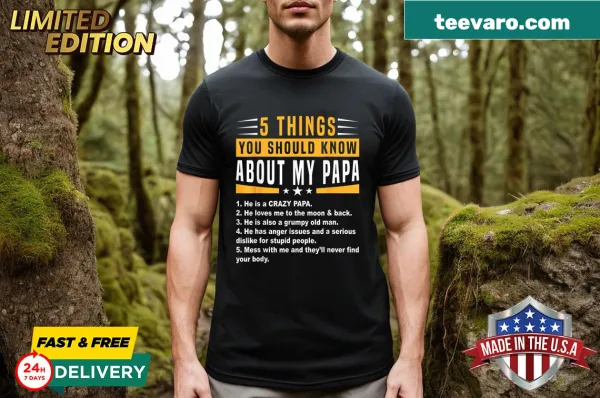 Funny Father's Day tee with five humorous statements about dads