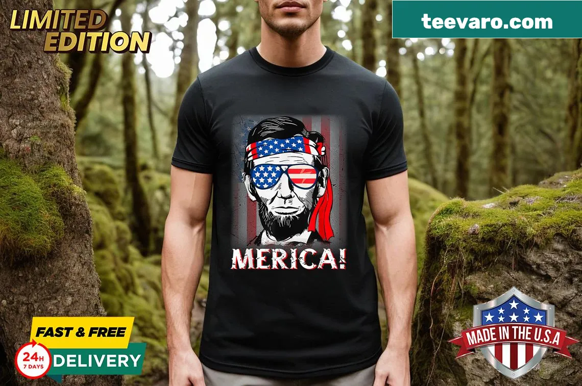 Stylish tee featuring Abraham Lincoln with USA flag for Independence Day — on a men's t-shirt