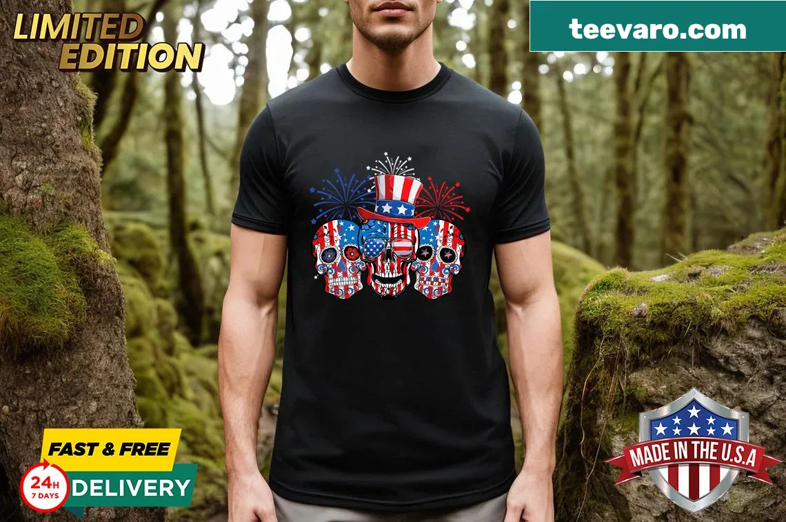 Vintage American flag skull design for Fourth of July celebrations — on a men's t-shirt