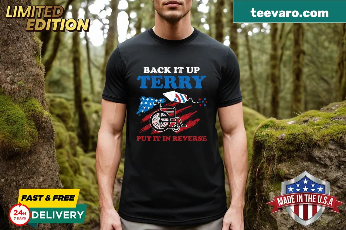 Funny 4th of July tee with humorous phrase about backing up — on a men's t-shirt