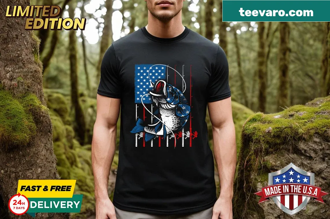 Fishing-themed tee with American flag design for fish lovers — on a men's t-shirt