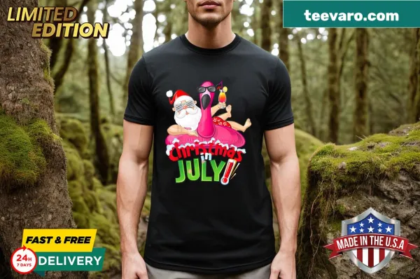 Fun flamingo float design t-shirt celebrating Christmas in July