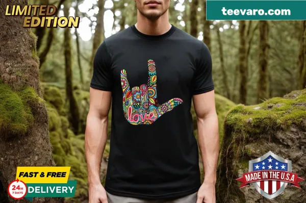 Shirt featuring 'I Love You' in American Sign Language typography