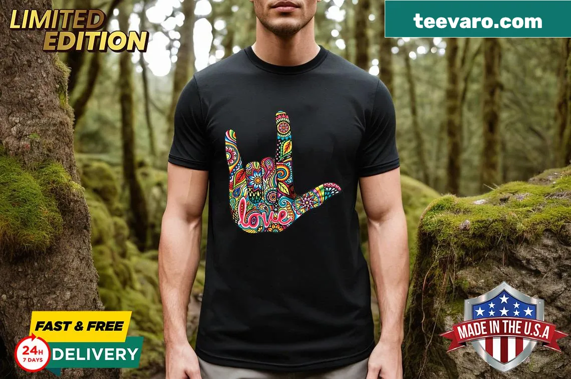 Shirt featuring 'I Love You' in American Sign Language typography — on a men's t-shirt